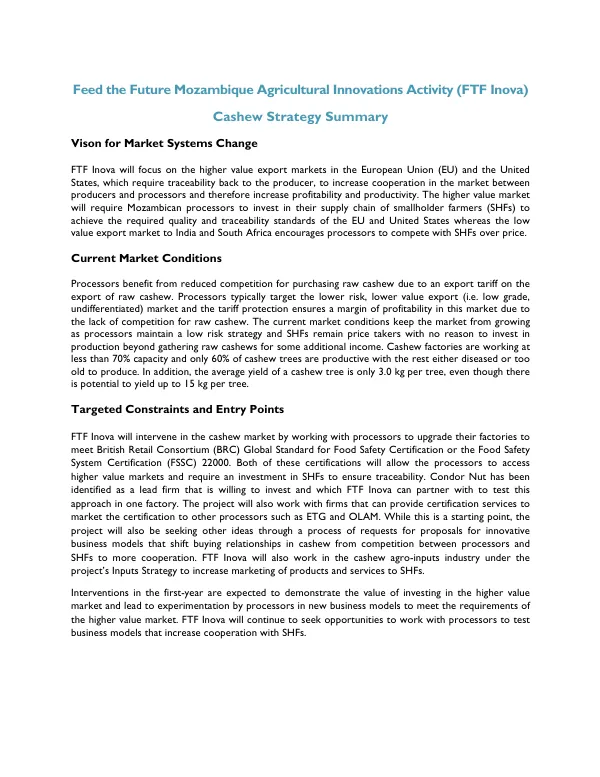 Feed the Future Mozambique Agricultural Innovations Activity (FTF Inova) Cashew Strategy Summary