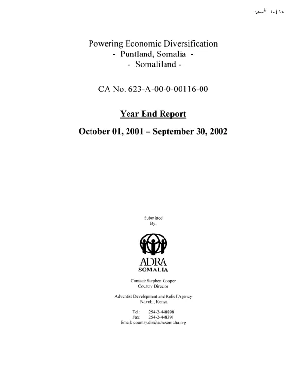 Powering economic diversification project[, Puntland, Somalia, Somaliland] : fourth quarter report, July 01-September 30, 2002 and first year report, October 2001-September 2002