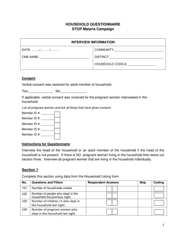 HOUSEHOLD QUESTIONNAIRE STOP Malaria Campaign