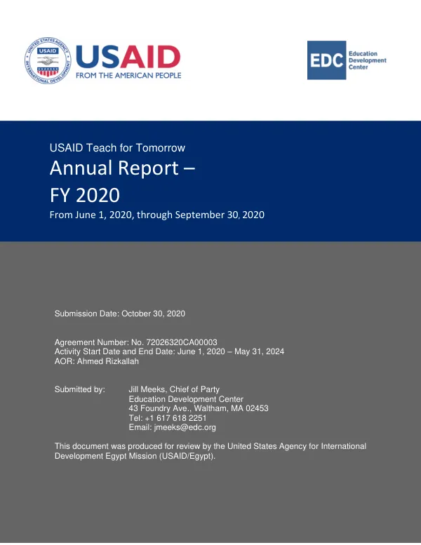 USAID Teach for Tomorrow Annual Report FY 2020