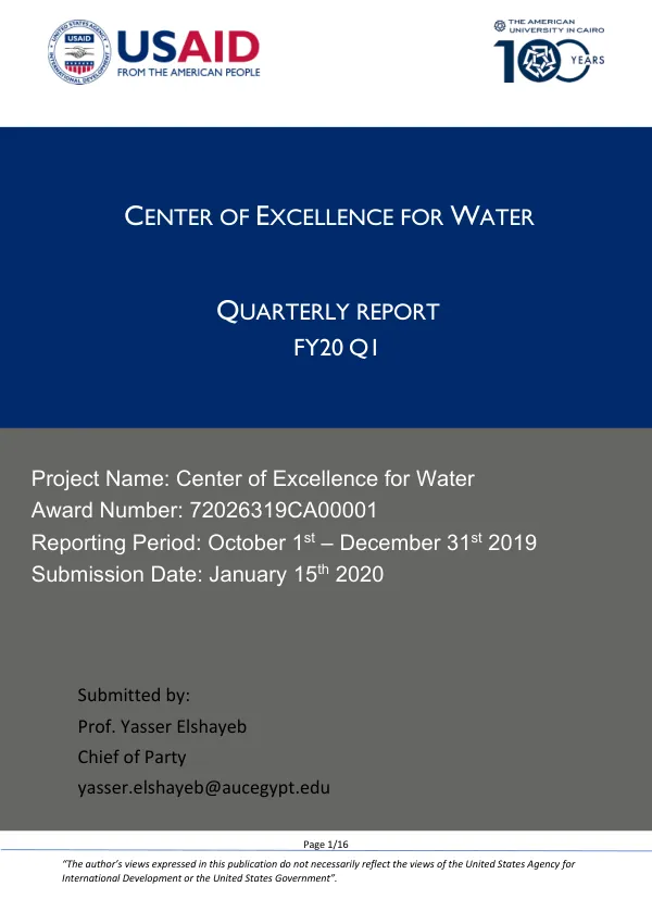Quarterly Report FY20 Q1: Center of Excellence for Water