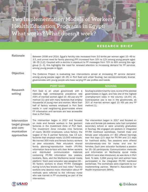 Two implementation models of workers’ health education programs in Egypt: What works? What doesn’t work?