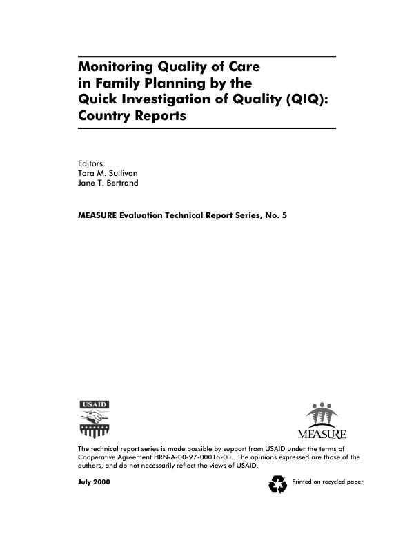 Monitoring quality of care in family planning by the quick investigation of quality (QIQ) : country reports