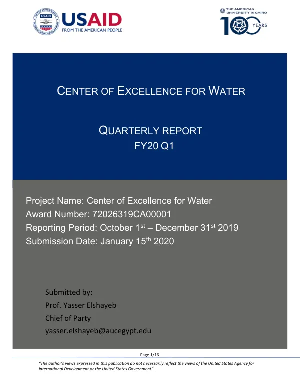 Quarterly Report FY20 Q1: Center of Excellence for Water