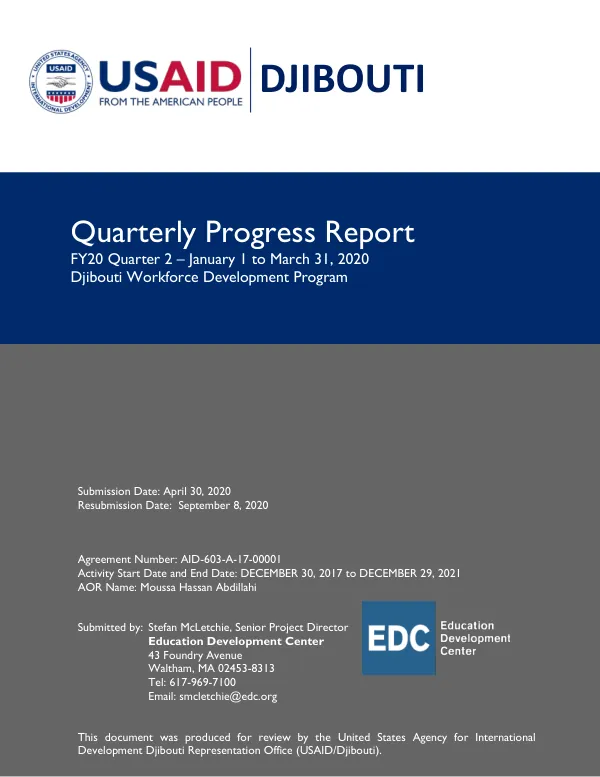 Quarterly Progress Report FY20 Quarter 2 – January 1 to March 31, 2020: Djibouti Workforce Development Program