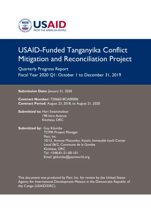USAID-Funded Tanganyika Conflict Mitigation and Reconciliation Project Quarterly Progress Report FY20 Q1