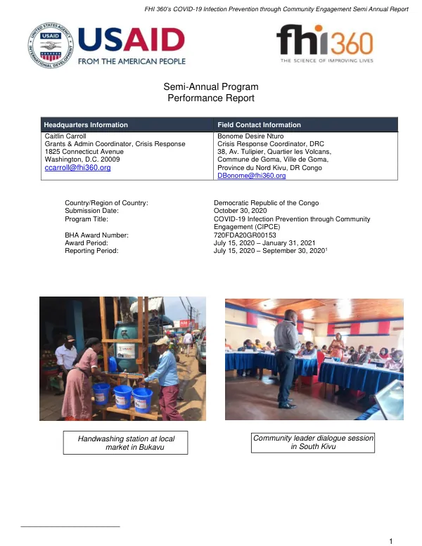 FHI 360’s COVID-19 Infection Prevention through Community Engagement Semi Annual Report