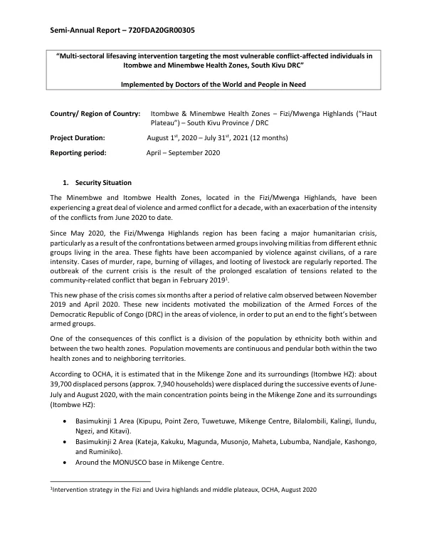Semi-Annual Report – Multi-sectoral lifesaving intervention targeting the most vulnerable conflict-affected individuals in Itombwe and Minembwe Health Zones, South Kivu DRC