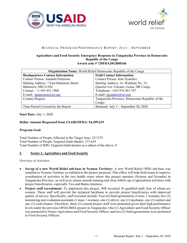 Biannual Report: July 1 – September 30, 2020: Agriculture and Food Security Emergency Response in Tanganyika Province in Democratic Republic of the Congo