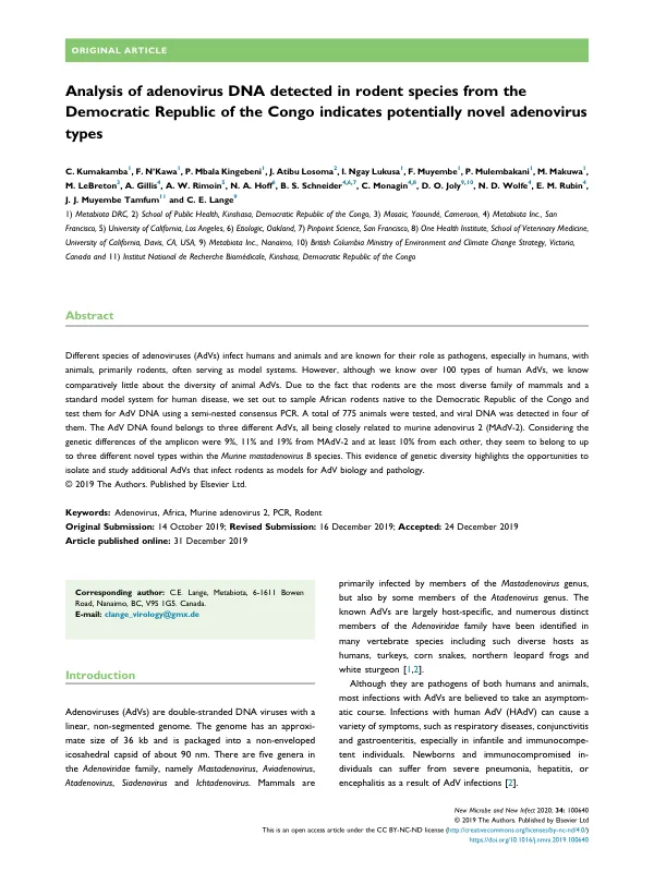 Analysis of adenovirus DNA detected in rodent species from the Democratic Republic of the Congo indicates potentially novel adenovirus types