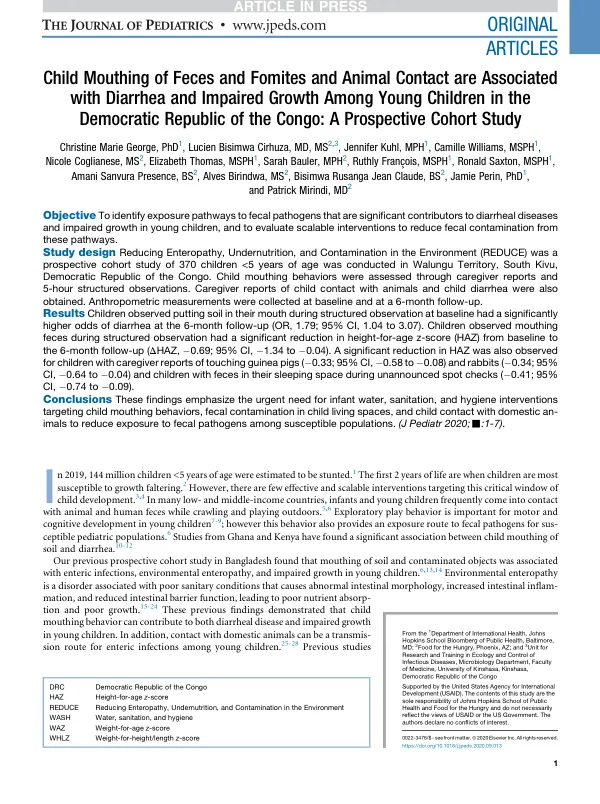 Child Mouthing of Feces and Fomites and Animal Contact are Associated with Diarrhea and Impaired Growth Among Young Children in the Democratic Republic of the Congo: A Prospective Cohort Study