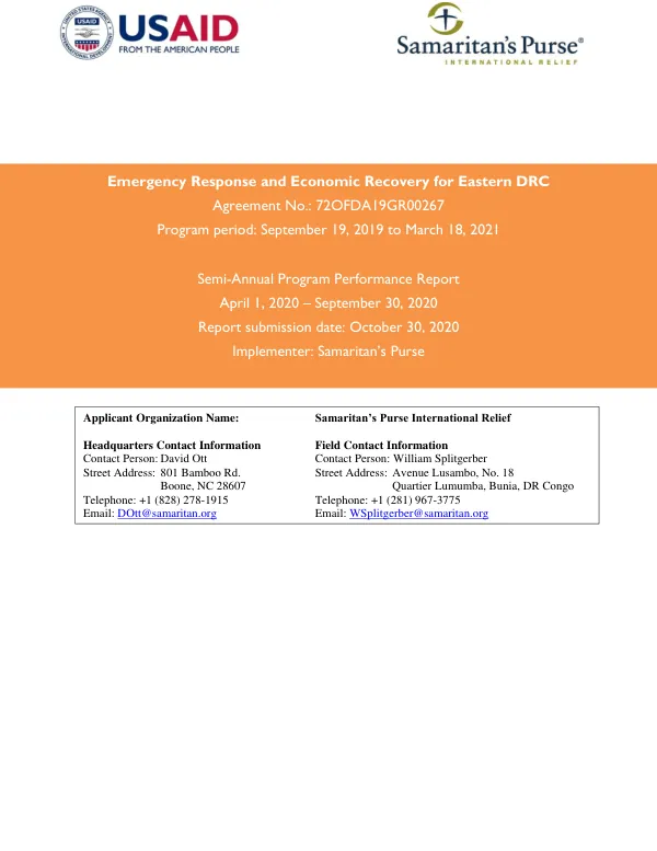 Emergency Response and Economic Recovery for Eastern DRC, Semi-Annual Report Oct 30th, 2020