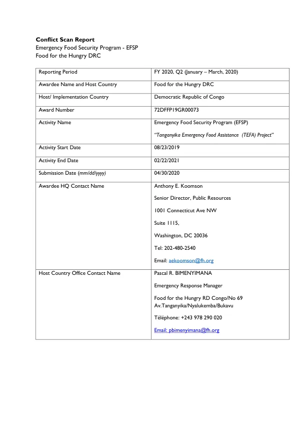 Conflict Scan Report Emergency Food Security Program - EFSP Food for the Hungry DRC