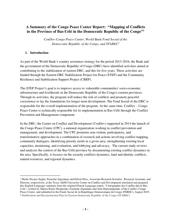 A Summary of the Congo Peace Center Report: Mapping of Conflicts in the Province of Bas-Uélé in the Democratic Republic of the Congo