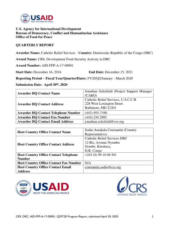 Q2FY20 Program Report: Development Food Security Activity in DRC