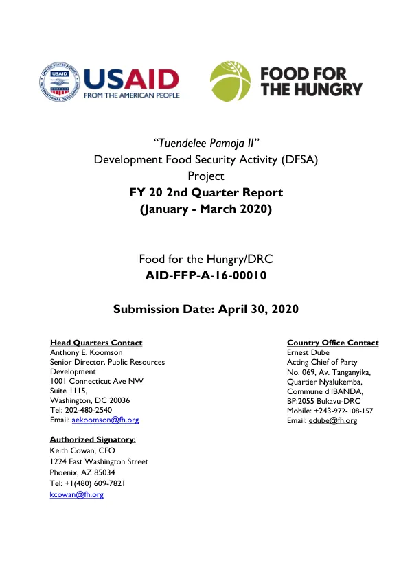 Tuendelee Pamoja II Development Food Security Activity (DFSA) Project FY 20 2nd Quarter Report (January - March 2020)