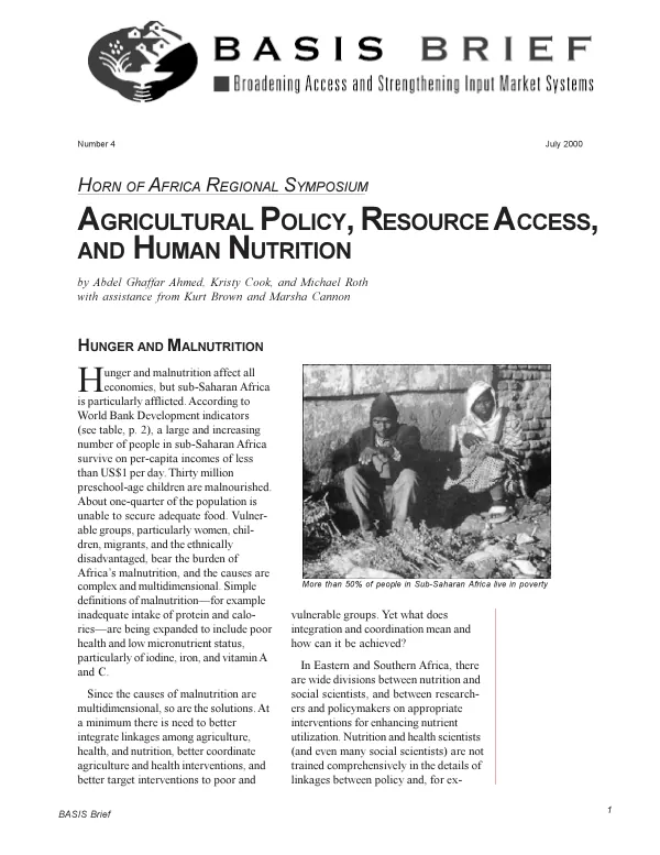 Horn of Africa regional symposium : agricultural policy, resource access, and human nutrition