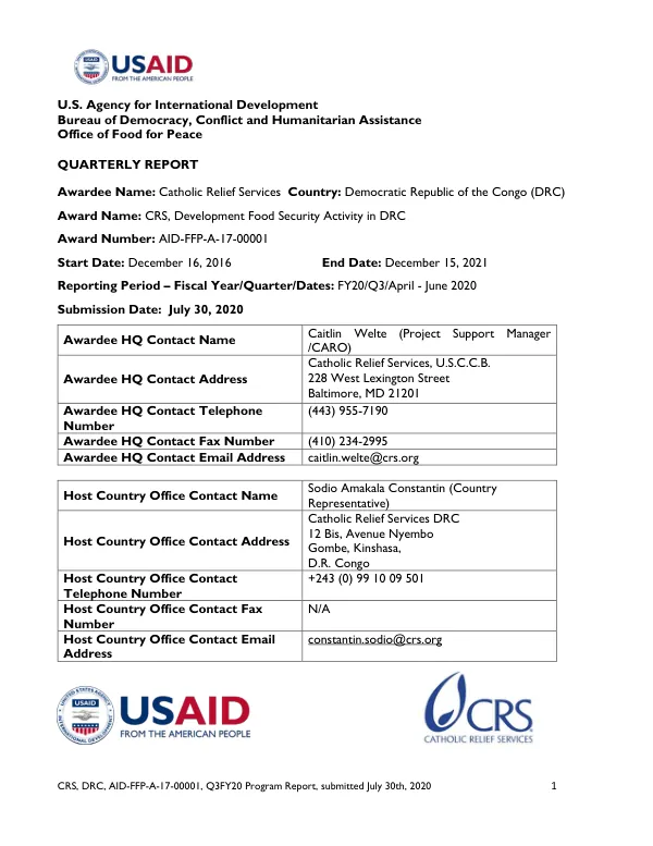 Quarterly Report: Development Food Security Activity in DRC