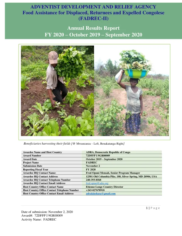 Annual Results Report FY 2020 – October 2019 – September 2020: Food Assistance for Displaced, Returnees and Expelled Congolese (FADREC-II)