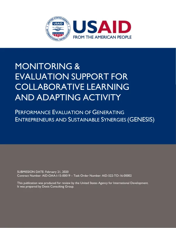Monitoring and evaluation support for collaborative learning and adapting activity : performance evaluation of generating entrepreneurs and sustainable synergies (GENESIS)