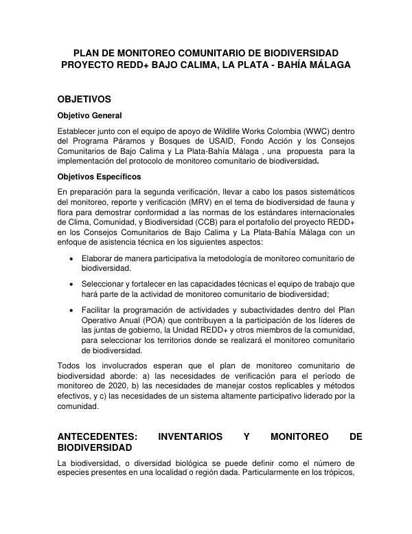 PLAN DE MONITOREO COMUNITARIO DE BIODIVERSIDAD PROYECTO REDD+ BAJO CALIMA, LA PLATA - BAHÍA MÁLAGA