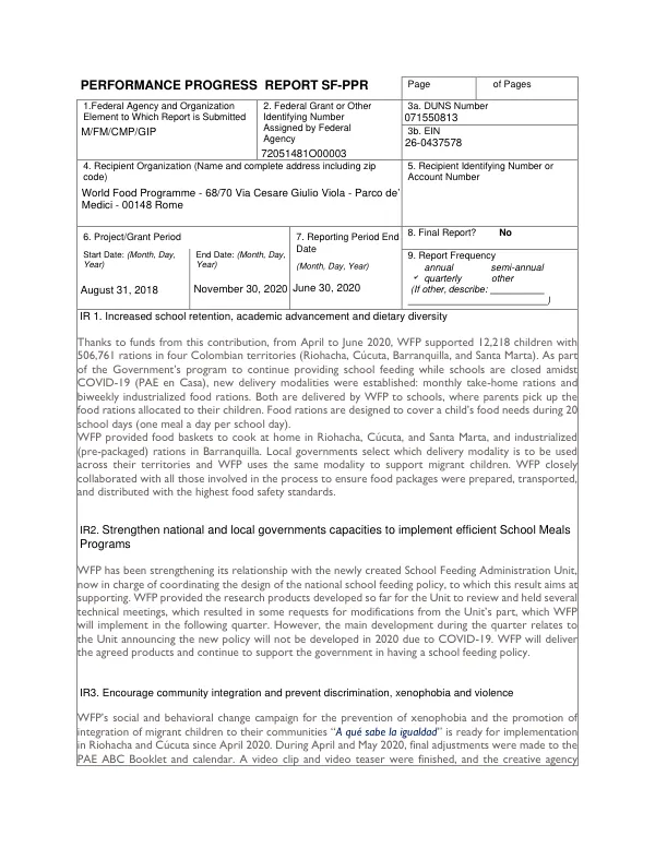Performance Progress Report SF-PPR