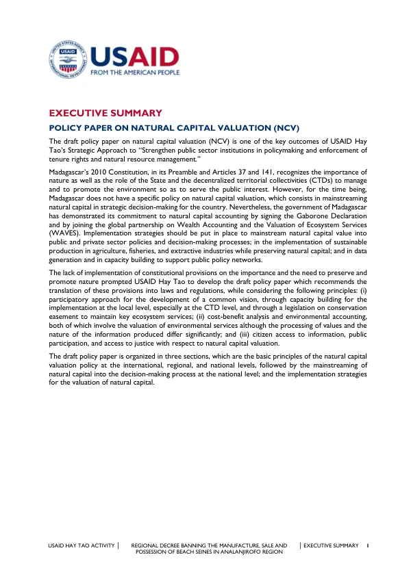 Policy Paper on Natural Capital Valuation (NCV) for Madagascar