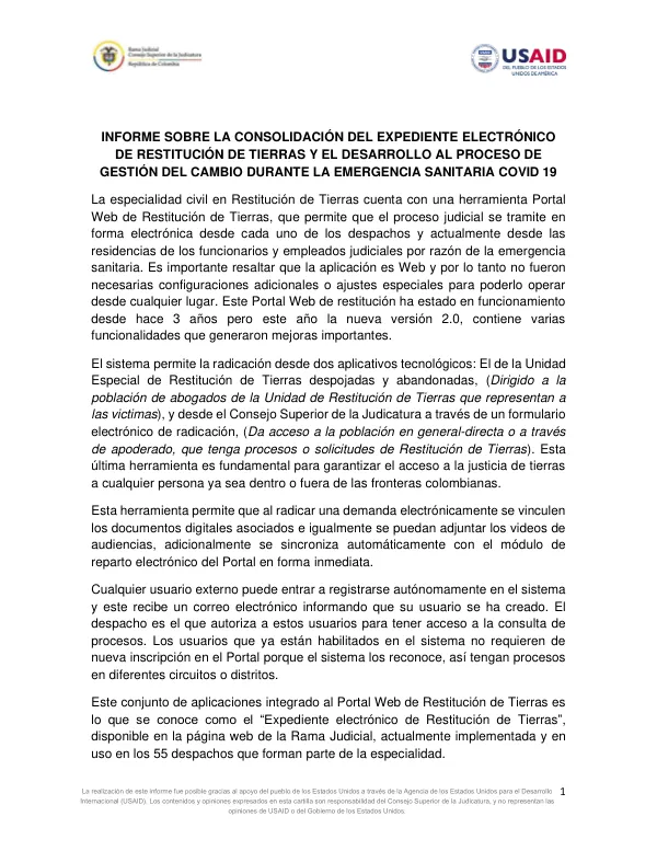 Informe sobre la consolidación del expediente electrónico de restitución de tierras y el desarrollo al proceso de gestión del cambio durante la emergencia sanitaria COVID 19