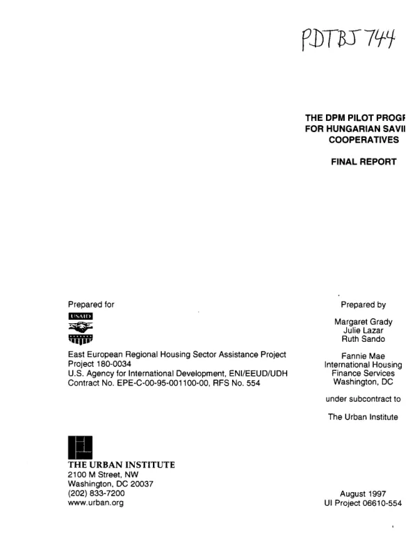 DPM [deferred payment mortgage] pilot program for Hungarian saving cooperatives : final report