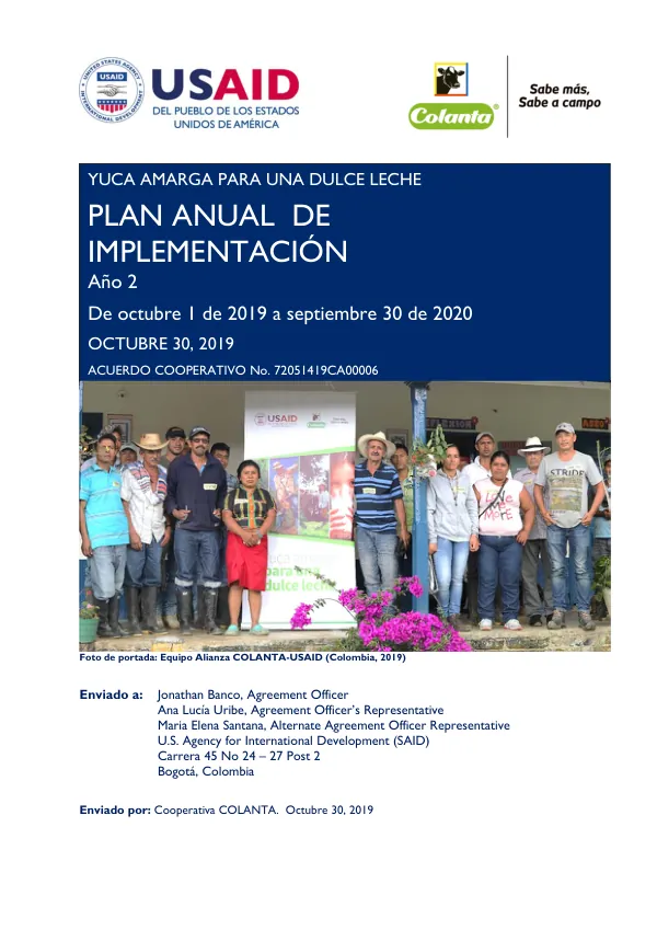 Plan Anual de Implementacion Yuca Amarga para una Dulce Leche 2020 Año 2