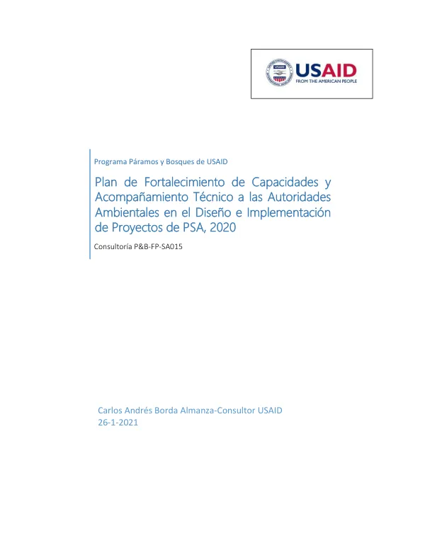Plan de Fortalecimiento de Capacidades y Acompañamiento Técnico a las Autoridades Ambientales en el Diseño e Implementación de Proyectos de PSA, 2020