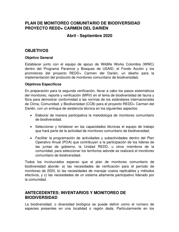 Plan de Monitoreo Comunitario de Biodiversidad Proyecto REDD+ Carmen del Darién