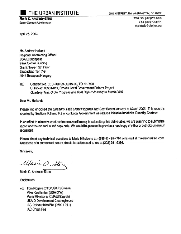 Quarterly task order progress and cost report : January to March 2003 -- Croatia local government reform program