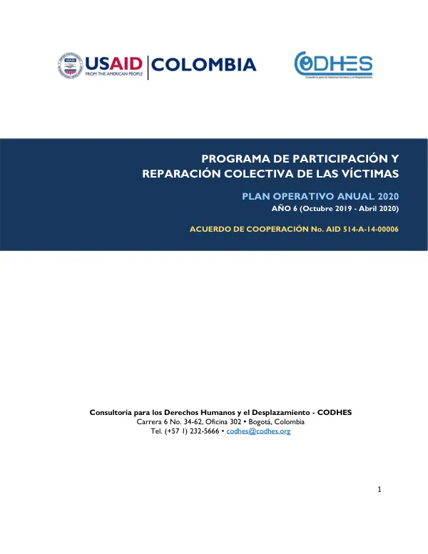 Plan Operativo Anual 2020: Programa de Participación y Reparación Colectiva de las Víctimas