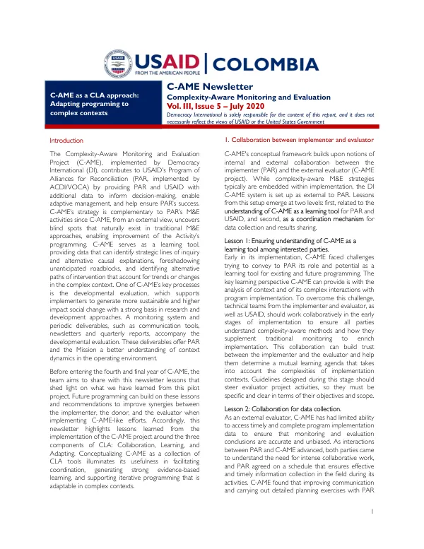 Complexity-Aware Monitoring and Evaluation Project (C-AME) Newsletter