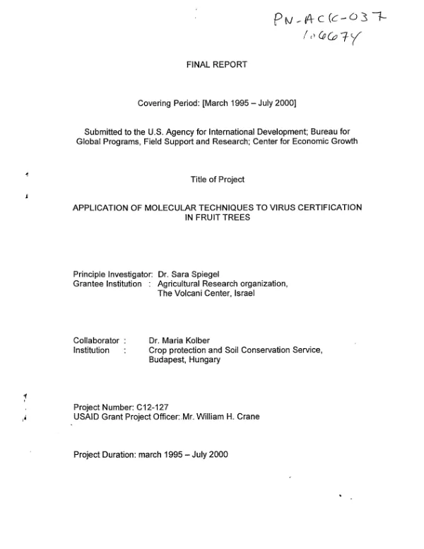 Final report : covering period March 1995-July 2000 -- application of molecular techniques to virus certification in fruit trees