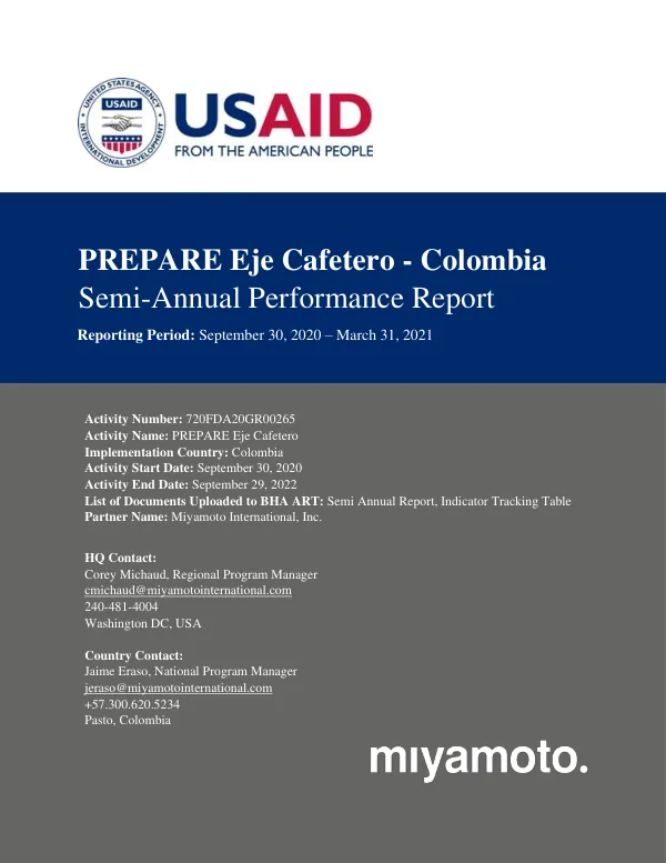 Semi-Annual Performance Report: PREPARE Eje Cafetero - Colombia
