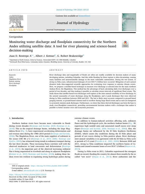 Monitoring water discharge and floodplain connectivity for the Northern Andes utilizing satellite data: A tool for river planning and science-based decision-making
