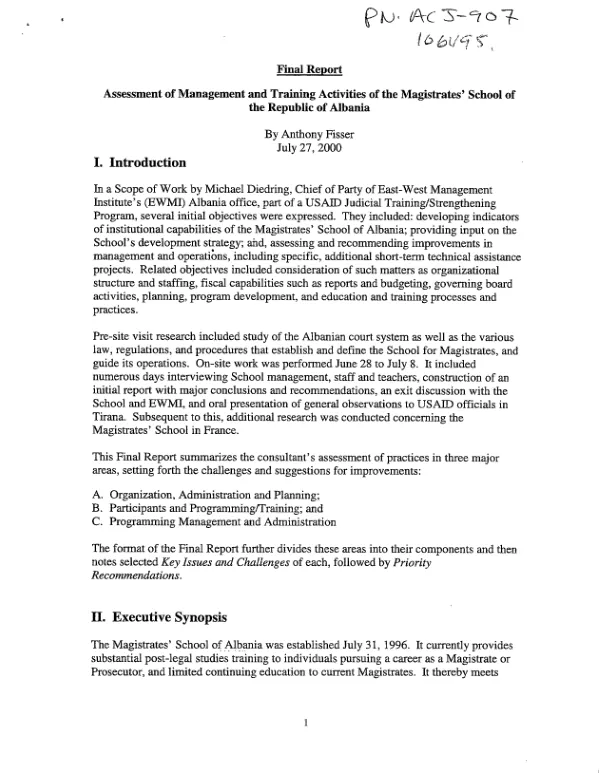 Final report : assessment of management and training activities of the Magistrates" School of the Republic of Albania