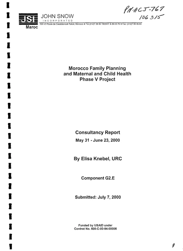 Morocco family planning and maternal & child health phase V project : consultancy report, May 31-June 23, 2000 -- component G2.E