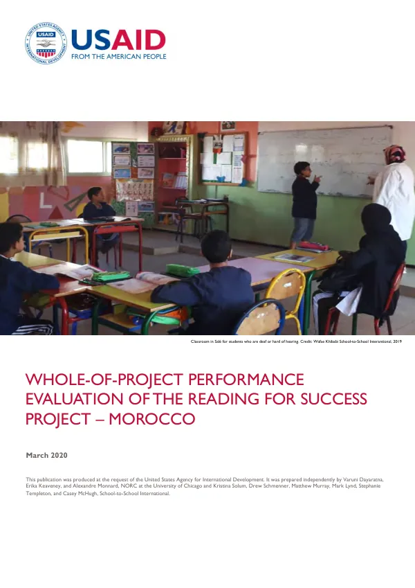 Whole-of-project performance evaluation of the reading for success project - Morocco