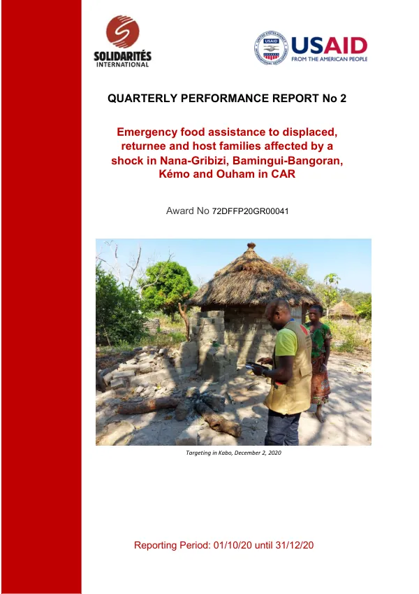 Quarterly Performance Report No 2: Emergency Food Assistance to Displaced, Returnee and Host Families Affected by a Shock in Nana-Gribizi, Bamingui-Bangoran, Kémo and Ouham in CAR