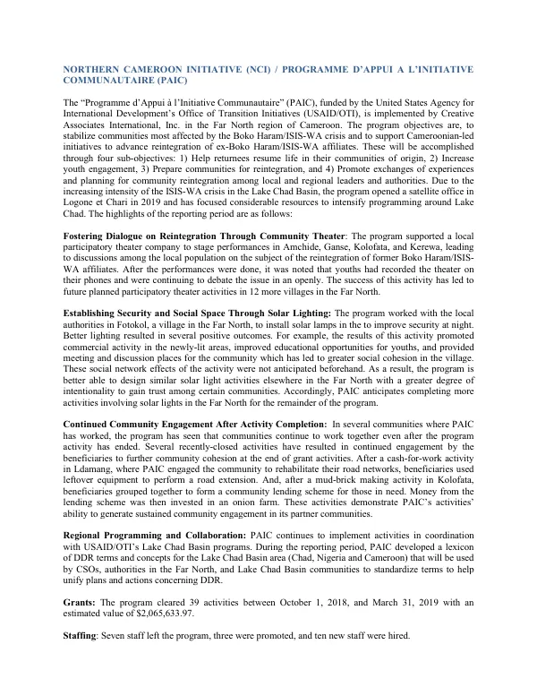 Northern Cameroon Initiative (NCI) / Programme d’Appui à l’Initiative Communautaire (PAIC)