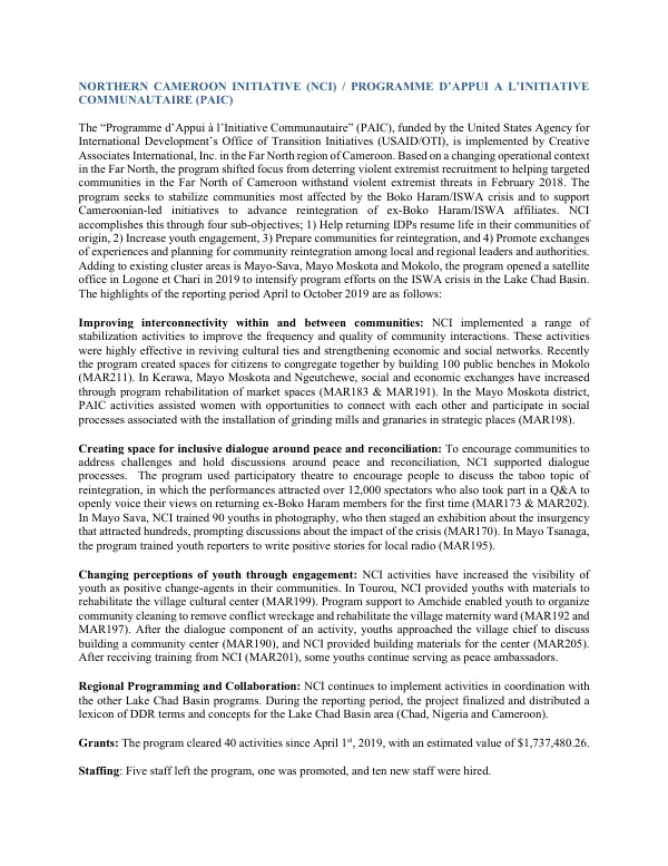 NORTHERN CAMEROON INITIATIVE (NCI) / PROGRAMME D’APPUI A L’INITIATIVE COMMUNAUTAIRE (PAIC)
