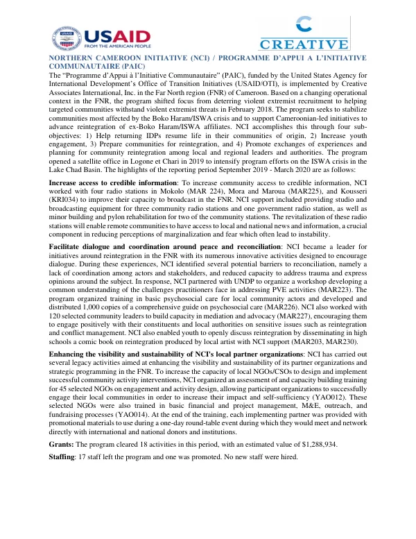 Northern Cameroon Initiative (NCI) / Programme d’Appui à l’Initiative Communautaire (PAIC)