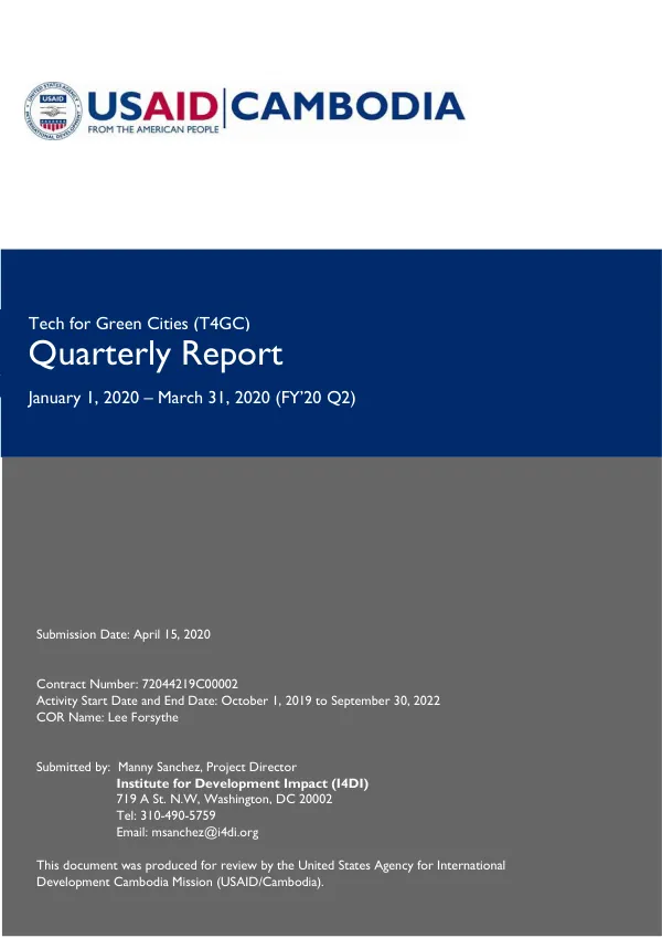 Tech for Green Cities (T4GC) Quarterly Report January 1, 2020 – March 31, 2020 (FY’20 Q2)