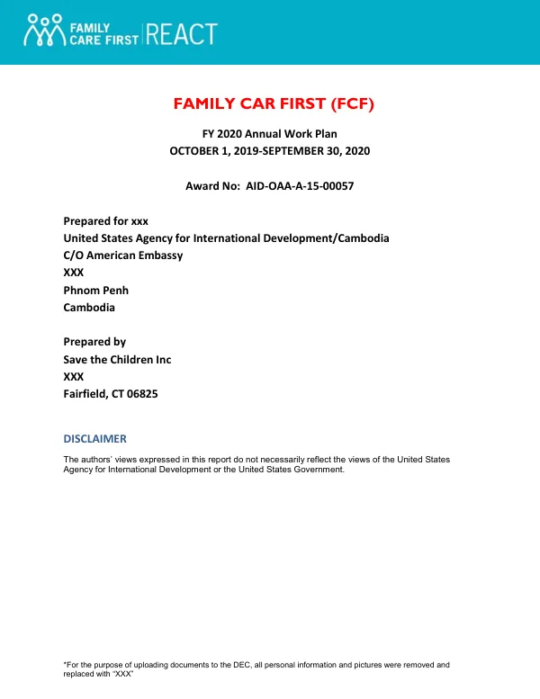 FY 2020 Annual Work Plan for Family Care First (FCF) Project