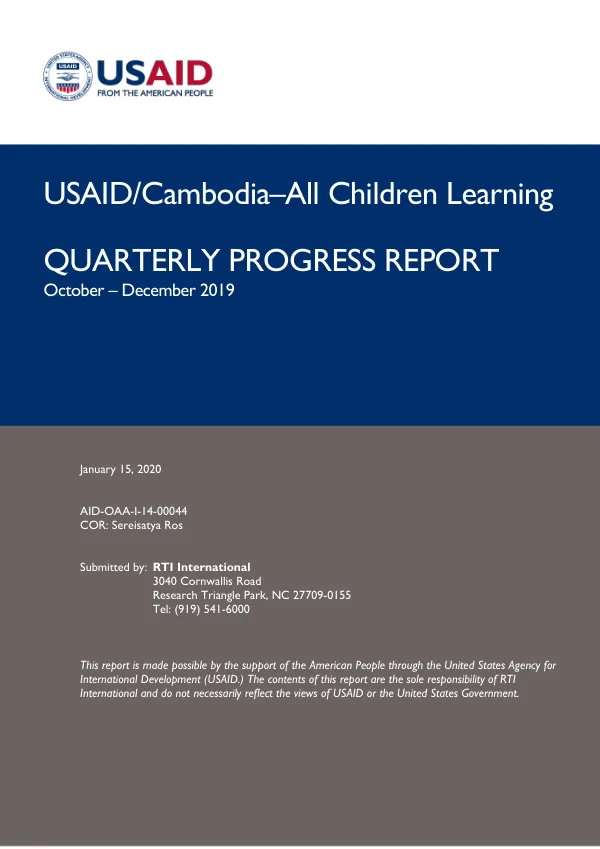USAID/Cambodia–All Children Learning Quarterly Progress Report - October-December 2019
