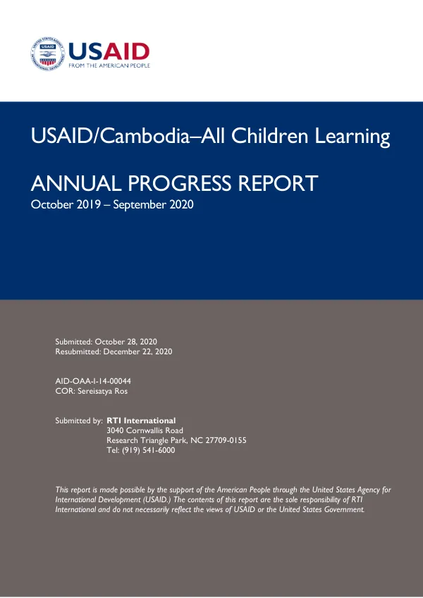 USAID/Cambodia–All Children Learning Annual Report October 2019 – September 2020