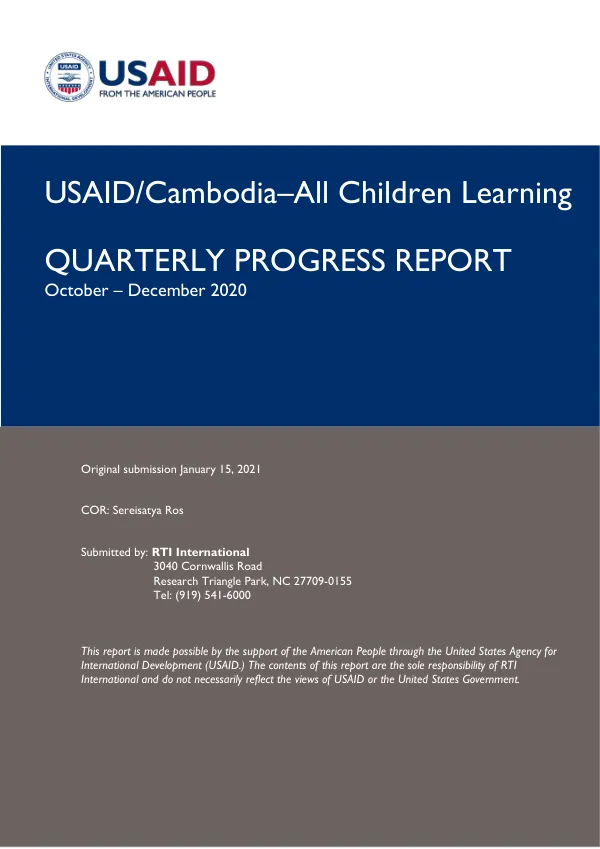 USAID/Cambodia–All Children Learning Quarterly Progress Report - OCT-DEC 2020